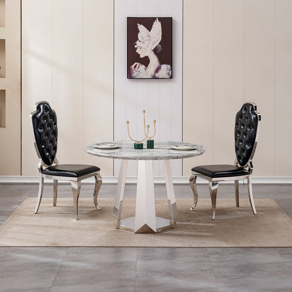 English Elm 47" Round Marble Dining Table - Elegant High Gloss Faux Marble Top & Durable Stainless Steel Base W3456S00008