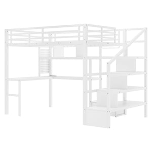 English Elm Full Size Loft Bed With Integrated Led, Workspace & Storage, Stylish Metal Frame For Kids' Rooms W2593S00018