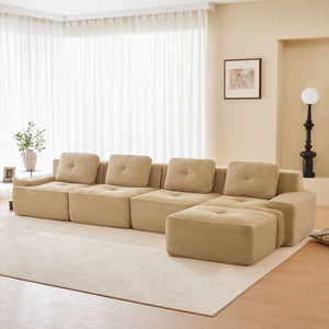 English Elm 153" Modern L-Shaped Sectional Sofa In Camel Corduroy With Movable Ottoman & Tufted Comfort Design W714S01472