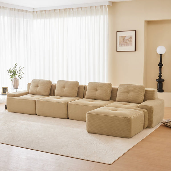 English Elm 153" Modern L-Shaped Sectional Sofa In Camel Corduroy With Movable Ottoman & Tufted Comfort Design W714S01472