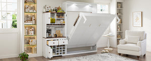 English Elm Queen Murphy Bed with Wine Rack Glass Holder Led Lighting and Cabinet White White LP000391AAK