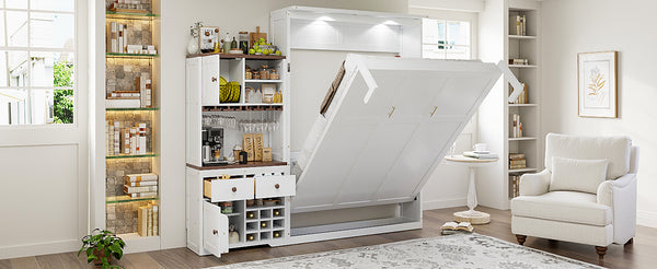 English Elm Queen Murphy Bed with Wine Rack Glass Holder Led Lighting and Cabinet White White LP000391AAK