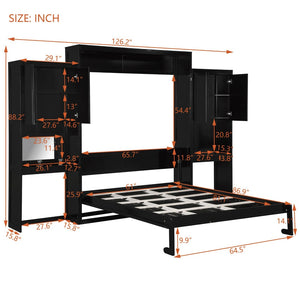 English Elm Queen Size Murphy Bed With Integrated Desk, Flip-Up Vanity & Storage Cabinets In Espresso Finish N820S10057P-GIGA