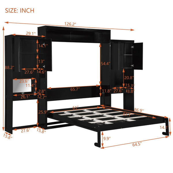 English Elm Queen Size Murphy Bed With Integrated Desk, Flip-Up Vanity & Storage Cabinets In Espresso Finish N820S10057P-GIGA
