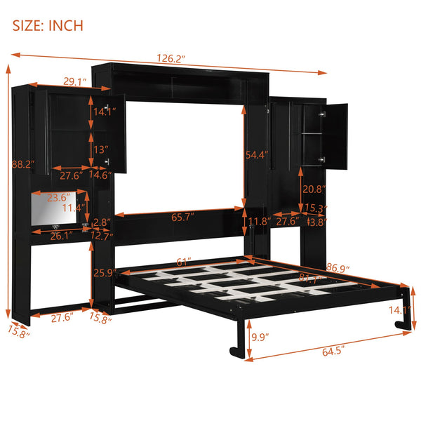 English Elm Queen Wall Bed with Integrated Desk Vanity and Cabinet Storage for Studio Rooms Espresso N820S10057P-1