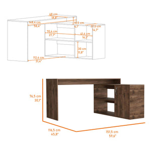 English Elm Antlia Brown L-Shaped Writing Desk with Single Door Cabinet and Two Shelves, 59.6" x 25.4" B128S00160