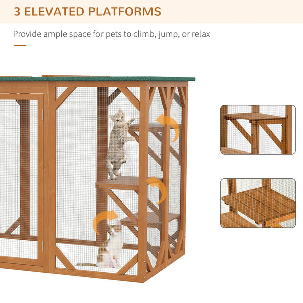 English Elm Pawhut Wooden Outdoor Catio Enclosure with Mesh Walls Climbing Platforms Asphalt Roof W2225P173769