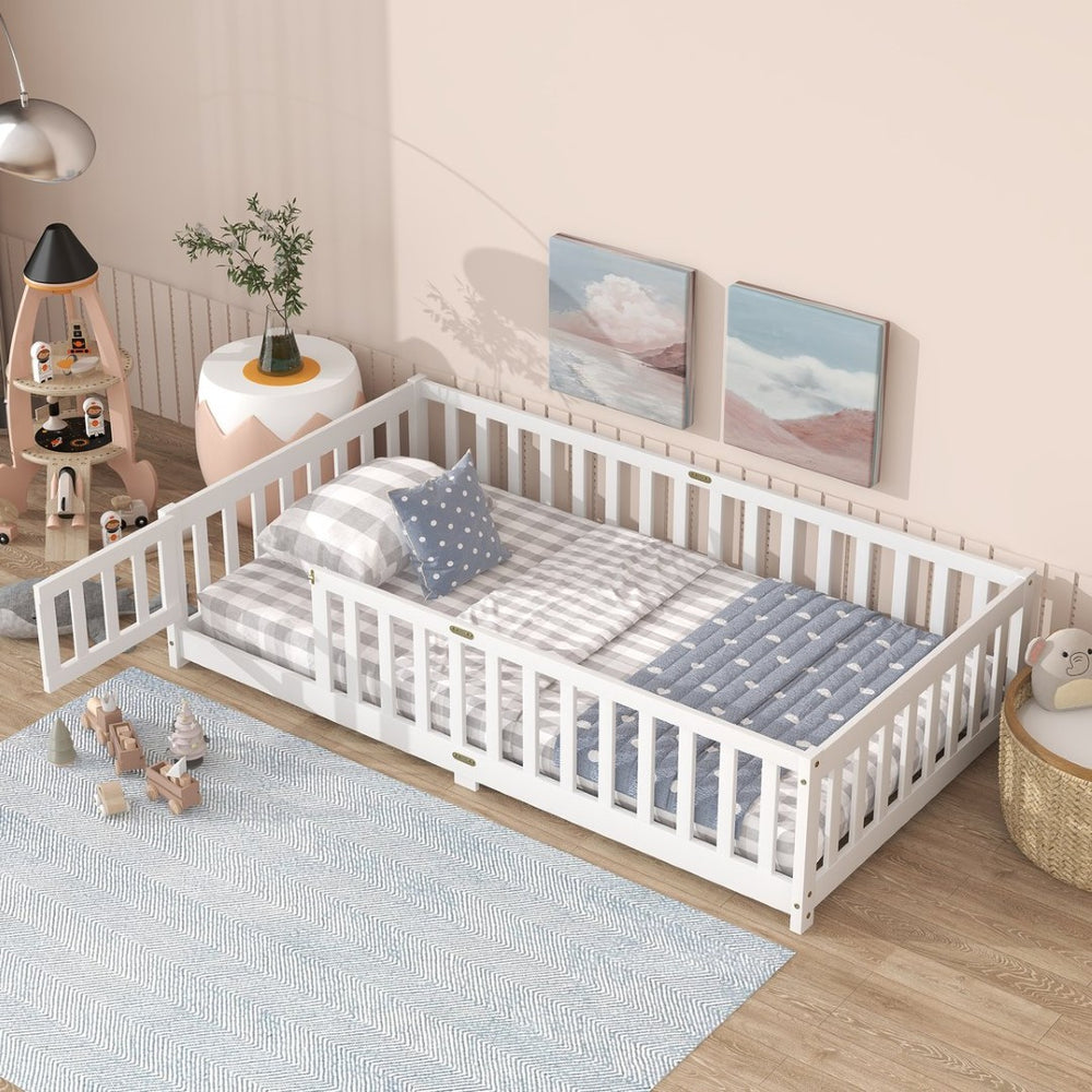 English Elm Twin Cozy Floor Bed With Protective Fence & Door, Eco-Friendly Rubberwood For Safe Sleep Spaces W504P286373-GIGA