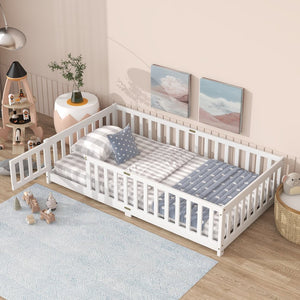 English Elm Twin Cozy Floor Bed With Protective Fence & Door, Eco-Friendly Rubberwood For Safe Sleep Spaces W504P286373-GIGA