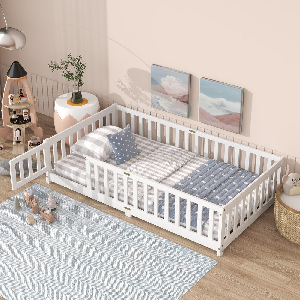 English Elm Twin Low Profile Rubberwood Floor Bed with Full Safety Fence for Toddler Rooms White W504P429270