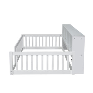 English Elm Wood Twin XL Floor Bed with Built-In Storage Cabinets, USB Charging Ports, Space-Saving Design White N709P205811K