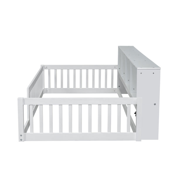 English Elm Wood Twin XL Floor Bed with Built-In Storage Cabinets, USB Charging Ports, Space-Saving Design White N709P205811K