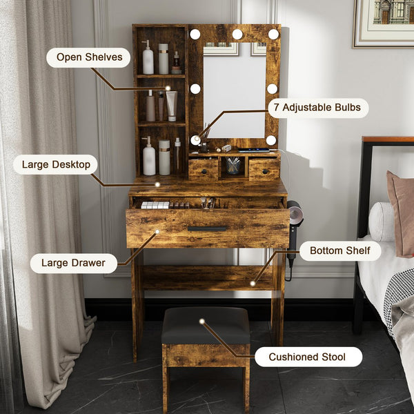 English Elm Vanity compact dressing desk with LED mirror, 3-color dimmable lights, drawers, stool, outlet Vintage W2699P345802