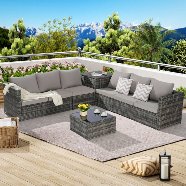 English Elm 6 6-Piece Wicker Patio Sectional Set with Tempered Glass Coffee Table, Weather-Resistant Rattan Sofa Light Gray W874S00028