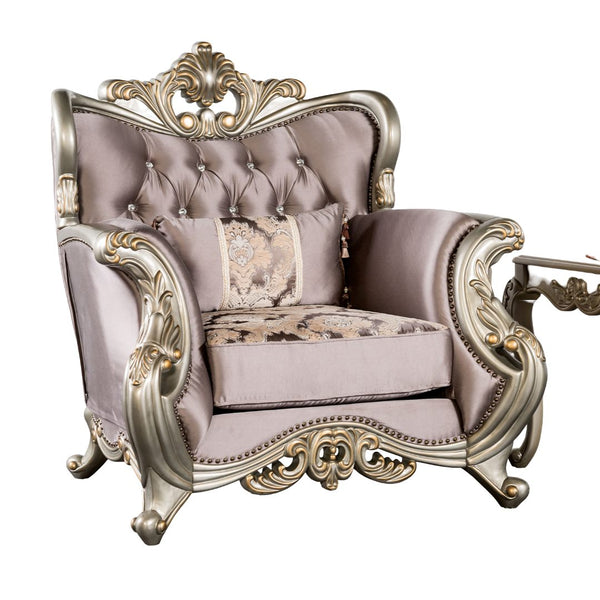 English Elm Traditional Carved Tufted Accent Chair with Rolled Arms, Nailhead Trim and Elegant Upholstery Champagne,Purple 41 L x 42 W x 33 H B2741P380803