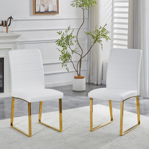English Elm 2-pack Pu Leather Dining Chairs with Iron Legs and Foam Cushion for Home or Office White+Gold W2920P294518