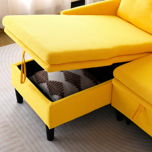 English Elm L-Shaped Reversible Chaise Sectional Sofa with Storage and Fold-Out Bed Cotton-Linen Modern Design Yellow W3371S00027