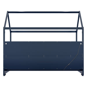 English Elm Twin House Bed with LED Light and Built-In Bookshelf, Solid Wood Playhouse Design for Kids Safety Navy Blue 78.15 L x 15.75 W x 6.1 H W2593P269090