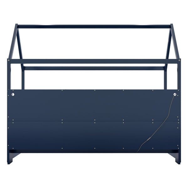 English Elm Twin House Bed with LED Light and Built-In Bookshelf, Solid Wood Playhouse Design for Kids Safety Navy Blue 78.15 L x 15.75 W x 6.1 H W2593P269090