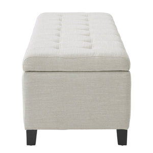 English Elm Upholstered Boucle Storage Bench Flip Top Lid Rubberwood Legs Bedroom Entryway Seating Beige N779P395018B
