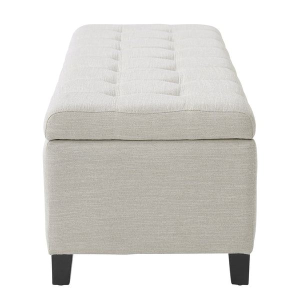 English Elm Upholstered Boucle Storage Bench Flip Top Lid Rubberwood Legs Bedroom Entryway Seating Beige N779P395018B