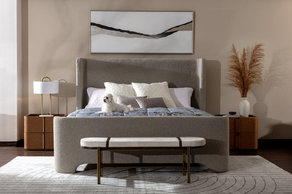 Sunpan Elaine Bench - Curved Silhouette in Polo Club Muslin with Walnut Veneer & Antique Brass Base
