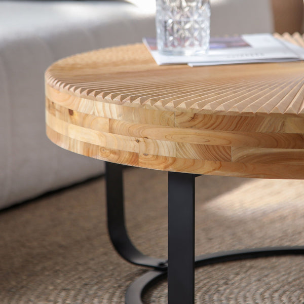 English Elm Modern Round Pine Coffee Table with Carved Wood Top and Sleek Metal Legs for Stylish Living Spaces Natural+Black W757P186923