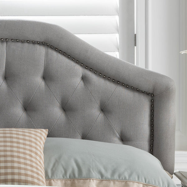 English Elm Tufted Queen Headboard with Nailhead Trim Solid Wood Frame Adjustable Iron Legs Light Grey 57875.00LGRY