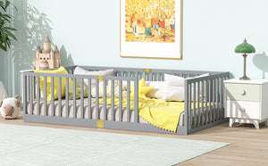 English Elm Twin House Frame Floor Bed Rubberwood with Roof Canopy and Safety Rails for Kids Grey W504P429529
