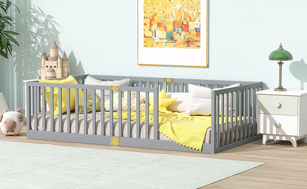 English Elm Twin House Frame Floor Bed Rubberwood with Roof Canopy and Safety Rails for Kids Grey W504P429529