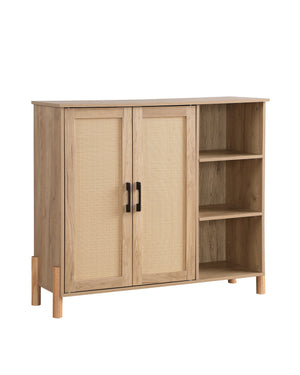 English Elm Mid-Century Woven Rattan Door Storage Cabinet with Adjustable Shelves and Solid Wood Legs, Stylish and Functional Natural 39.4 L x 15 W x 6.7 H W3151P288913