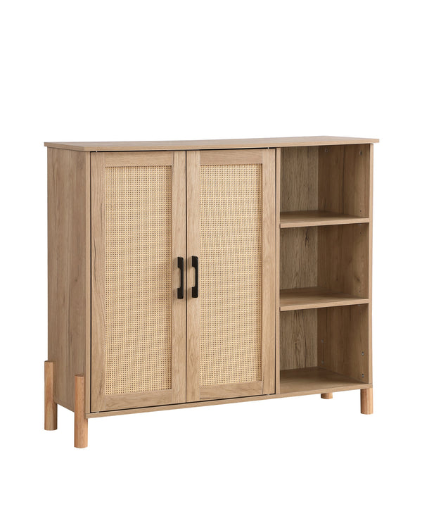 English Elm Mid-Century Woven Rattan Door Storage Cabinet with Adjustable Shelves and Solid Wood Legs, Stylish and Functional Natural 39.4 L x 15 W x 6.7 H W3151P288913