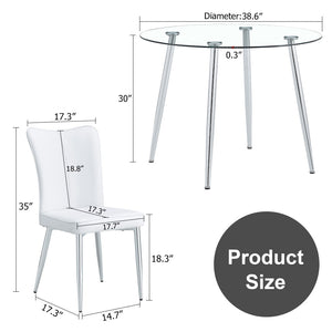 English Elm Table And Chair Set - Modern 38.6" Round Glass Dining Table With 4 Stylish White Pu Chairs, Silver Legs W1151S03822-GIGA