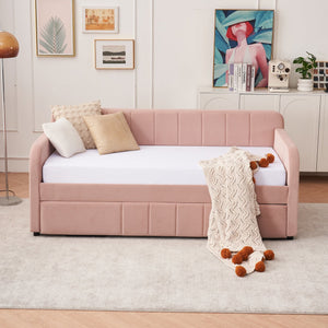 English Elm Twin Upholstered Daybed with Trundle Sofa Bed for Guest Room, Pine Wood Frame, Velvet Upholstery, Sturdy Slat Support and Full-Length Comfort Pink W1361S00023
