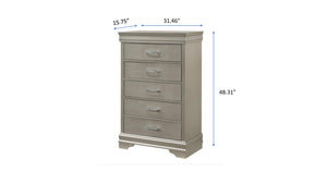 English Elm 5-Drawer Tall Chest Solid Wood Nightstand with Crystal Tufted Handles and Nickel Finish Accent Beige,Champagne 33.86 L x 18.31 W x 51.18 H B011P198809