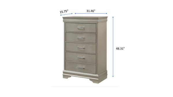English Elm 5-Drawer Tall Chest Solid Wood Nightstand with Crystal Tufted Handles and Nickel Finish Accent Beige,Champagne 33.86 L x 18.31 W x 51.18 H B011P198809