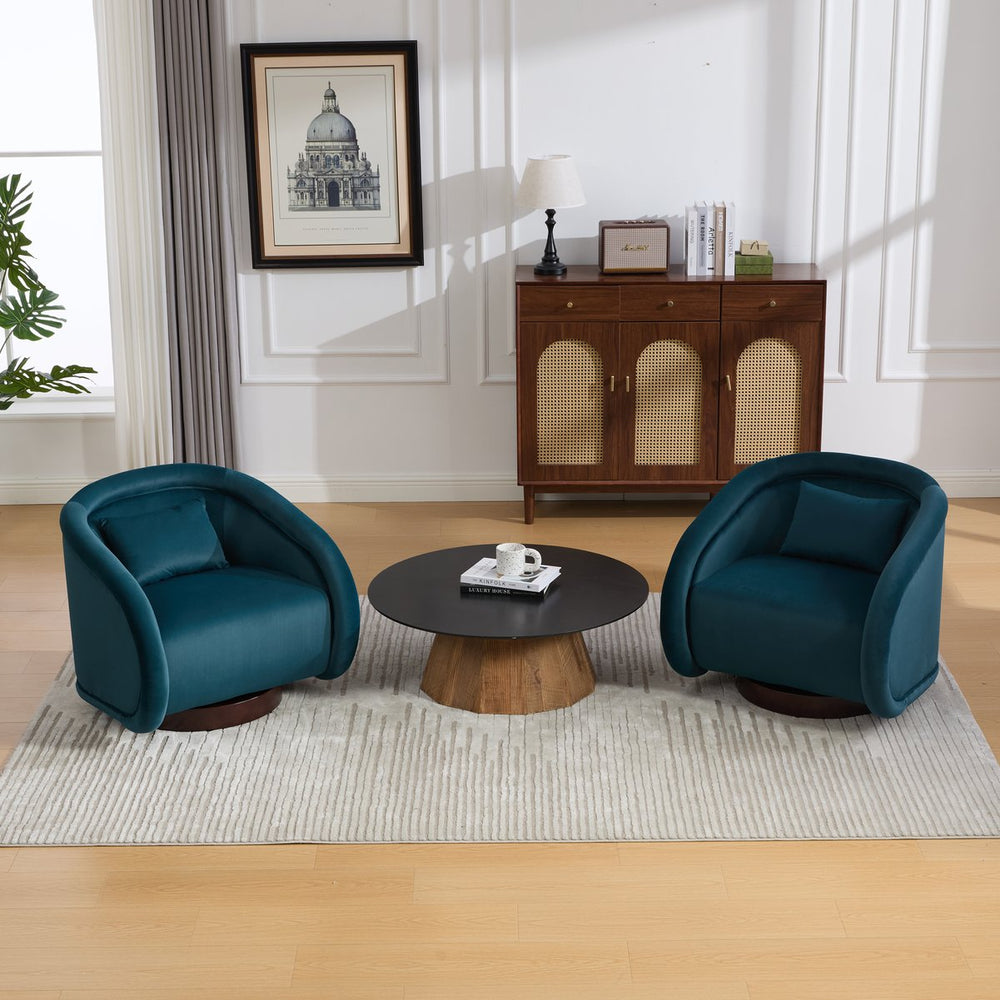 English Elm Swivel Barrel Chair Pumpkin Sculptural Velvet Upholstered with Walnut Wood Round Base Teal W3244P427742