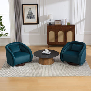 English Elm Swivel Barrel Chair Pumpkin Sculptural Velvet Upholstered with Walnut Wood Round Base Teal W3244P427742