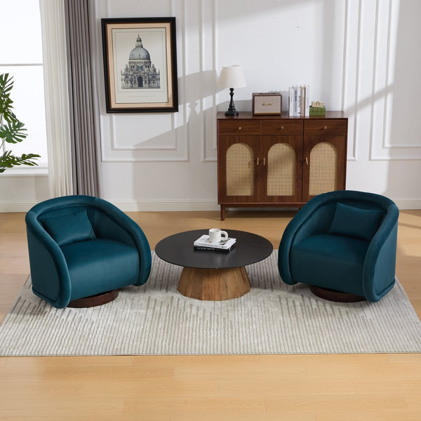 English Elm Swivel Barrel Chair Pumpkin Sculptural Velvet Upholstered with Walnut Wood Round Base Teal W3244P427742