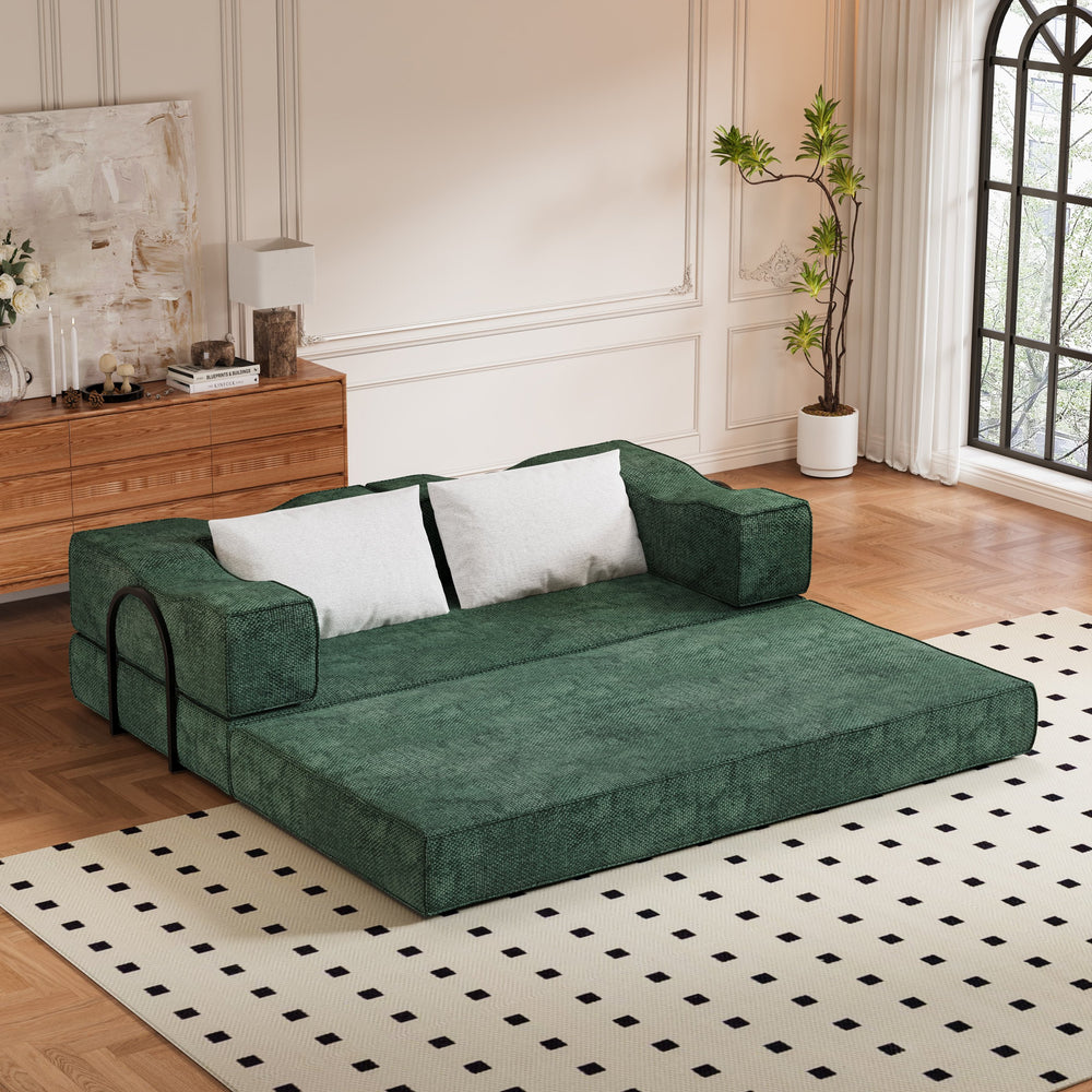 English Elm 80" Chenille Folding Floor Sofa Converts to King Sleeper with Modular Repositionable Arms Green W1885P204178