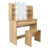 English Elm Vanity Desk Set Stool & Dressing Table With Led Lighting Mirror Drawer and Compartments Modern Wood Cosmetic Table Chest Of Drawers Nature Color