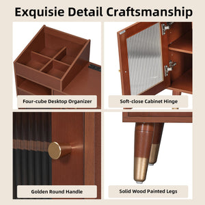 English Elm Modern Makeup Vanity Desk with Reeded Glass Door, 4-Compartment Cubby, Charging Port & Stool Comfortable Craftsmanship for Compact Spaces Walnut N844P285187W