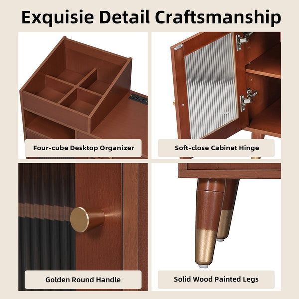 English Elm Modern Makeup Vanity Desk with Reeded Glass Door, 4-Compartment Cubby, Charging Port & Stool Comfortable Craftsmanship for Compact Spaces Walnut N844P285187W