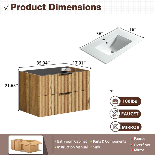 English Elm 36 Inch Floating Bathroom Vanity Fluted Wood Grain Panel with Ceramic Integrated Sink W3520S00045