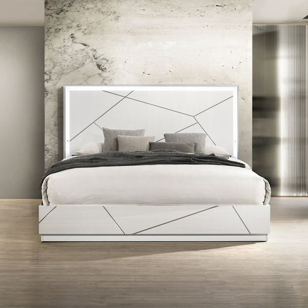English Elm Ultra Modern white and silver high gloss Queen Bed with LED Headboard and Embossed Line Design Glossy White 84 L x 34 W x 7 H B2741S00747