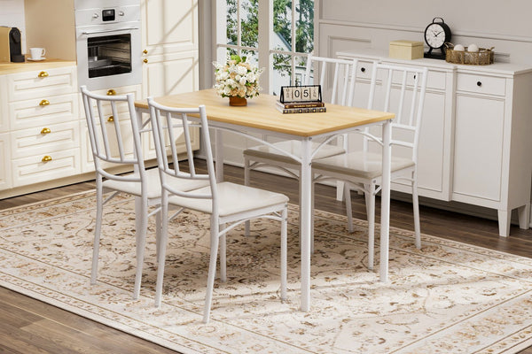 English Elm Dining Set for Four with Steel Frame Chairs and Particleboard Top Industrial Kitchen Natural,White W1162P430309