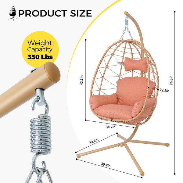 English Elm Hanging Egg Chair with Stand Pe Wicker Ergonomic Swing Seat for Patio or Bedroom T5880P497566