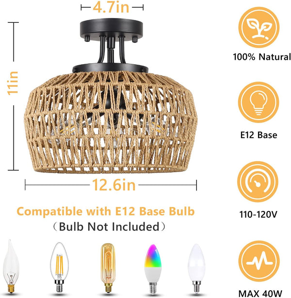 English Elm Semi Flush Rattan Ceiling Light 3-Light Boho Wicker Fixture Handwoven Lampshade Dimmable Cozy Ambience Brown W2738P185407