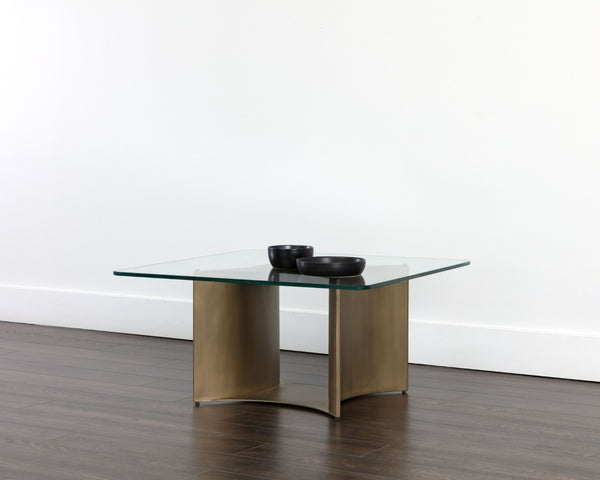 Sunpan DENVER Artisan-Crafted Coffee Table with Glass Top & Antique Brass Base for Modern Living Rooms 109556