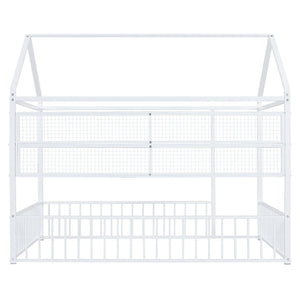 English Elm Full Metal House Bed Frame Full Size with Built-In Fence and 4 Grid Shelves for Durable Storage and Style White N737P175361K